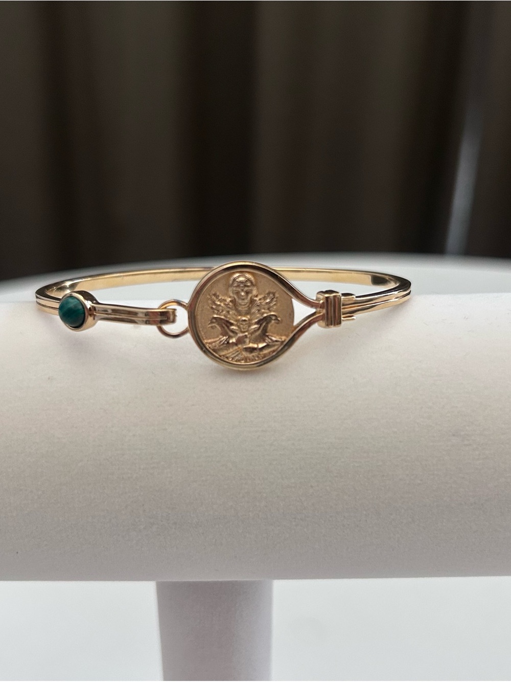 Awe Inspired Morrigan Gold Medallion Bangle Bracelet with Malachite Stone